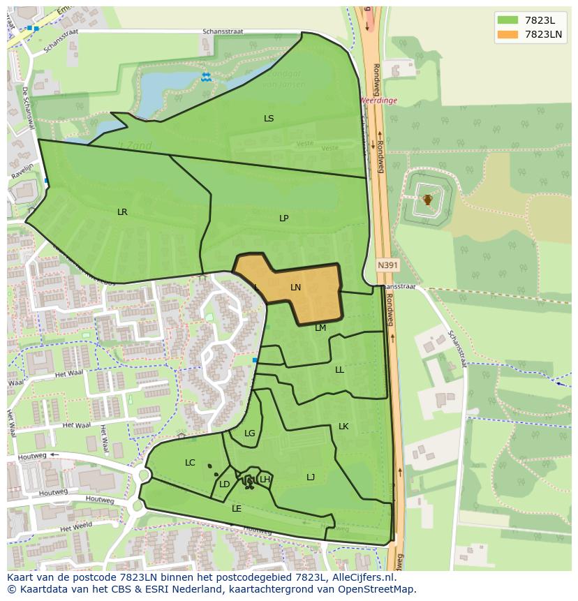 Afbeelding van het postcodegebied 7823 LN op de kaart.