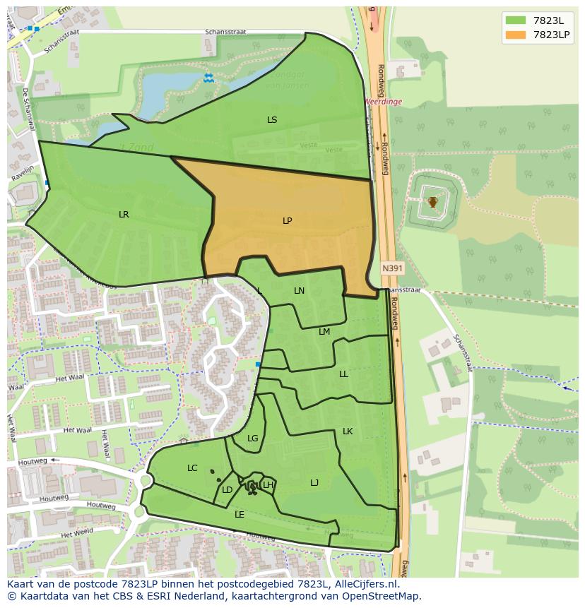 Afbeelding van het postcodegebied 7823 LP op de kaart.