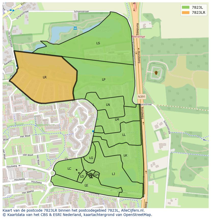 Afbeelding van het postcodegebied 7823 LR op de kaart.