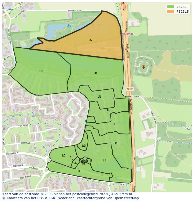 Afbeelding van het postcodegebied 7823 LS op de kaart.