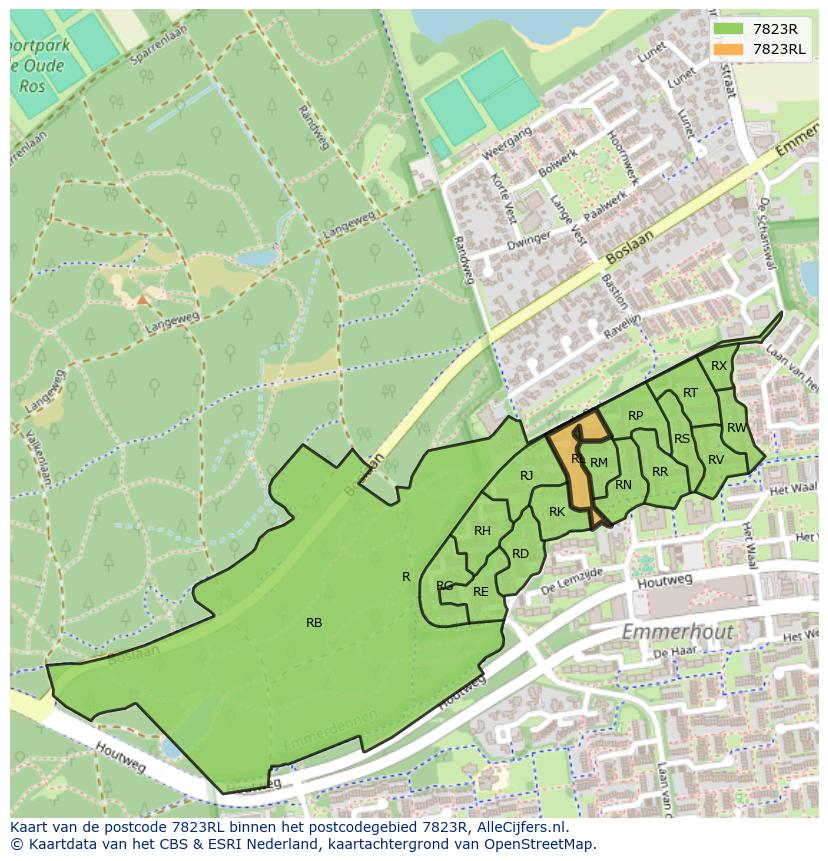 Afbeelding van het postcodegebied 7823 RL op de kaart.