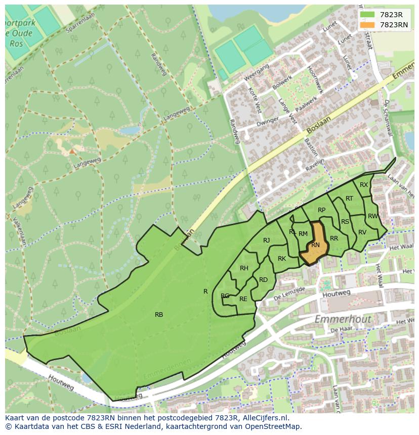Afbeelding van het postcodegebied 7823 RN op de kaart.