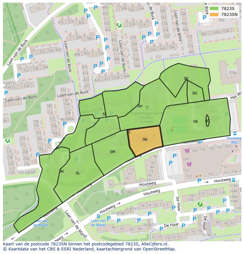 Afbeelding van het postcodegebied 7823 SN op de kaart.