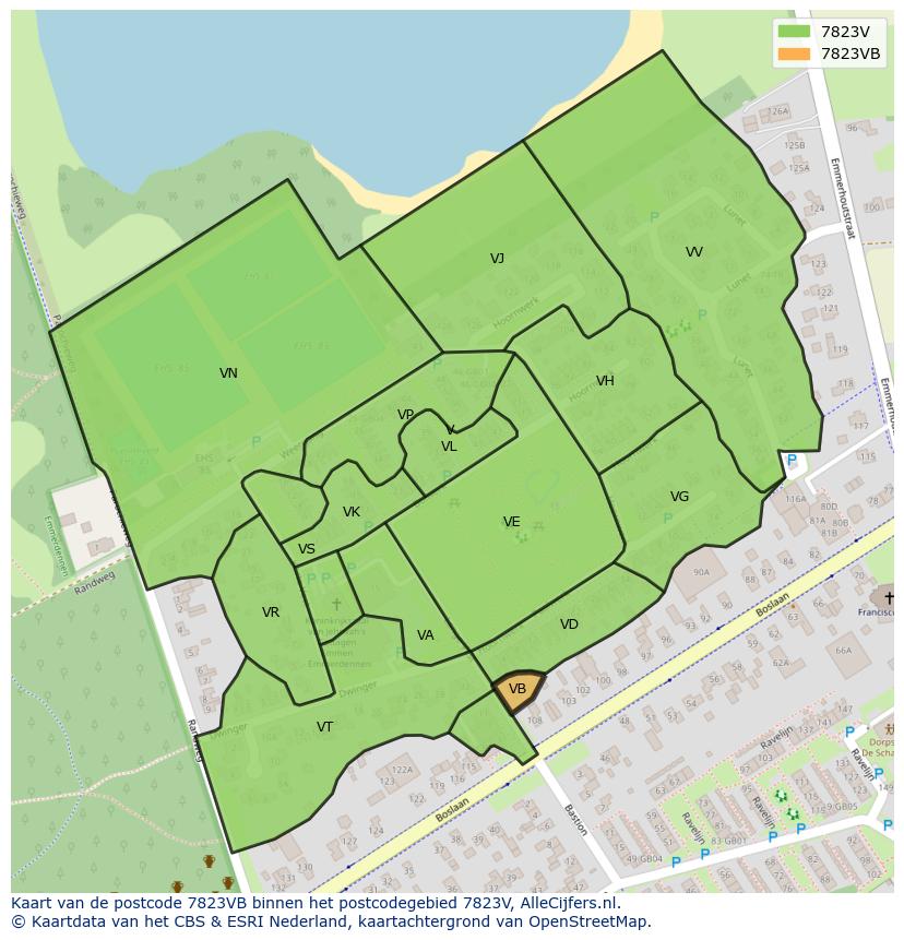 Afbeelding van het postcodegebied 7823 VB op de kaart.