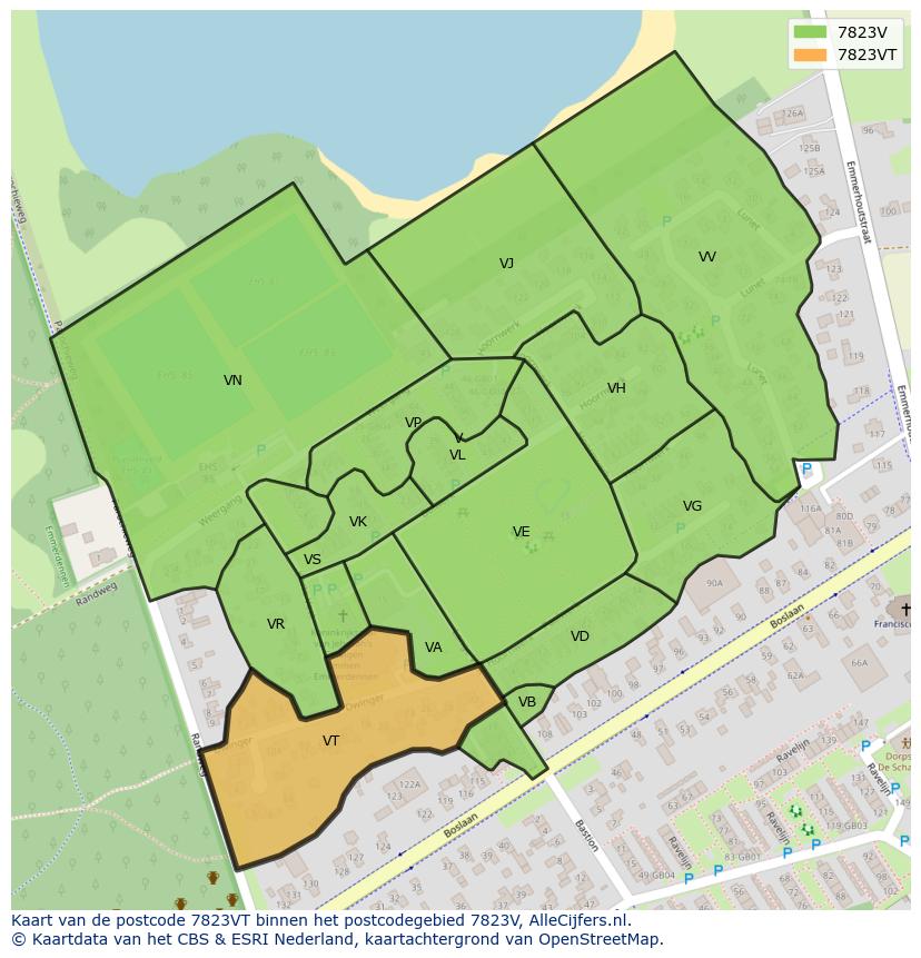 Afbeelding van het postcodegebied 7823 VT op de kaart.