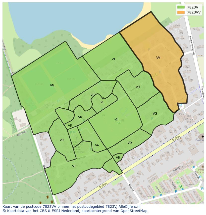 Afbeelding van het postcodegebied 7823 VV op de kaart.