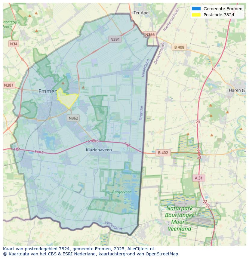 Afbeelding van het postcodegebied 7824 op de kaart.