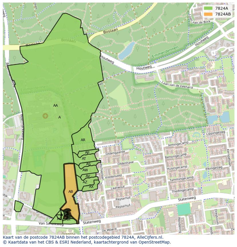 Afbeelding van het postcodegebied 7824 AB op de kaart.