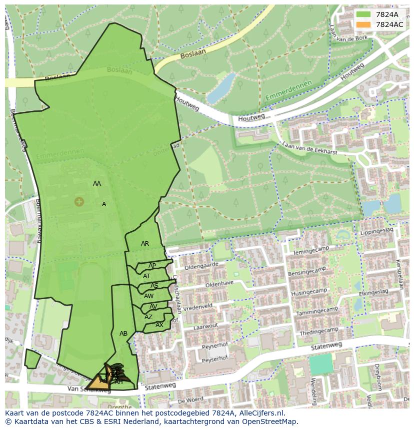 Afbeelding van het postcodegebied 7824 AC op de kaart.