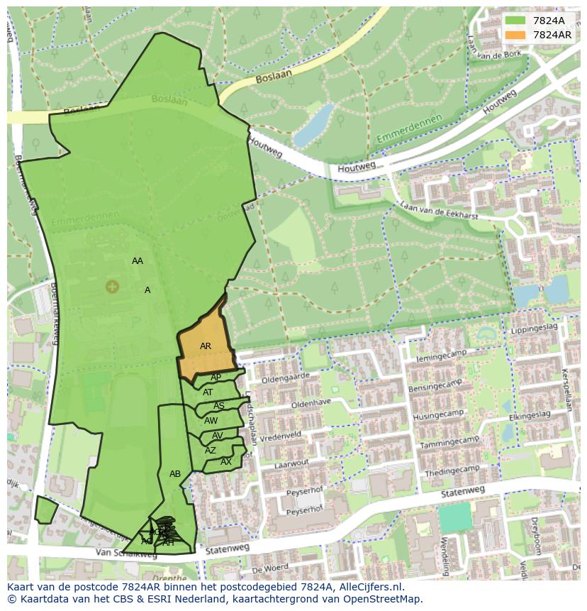 Afbeelding van het postcodegebied 7824 AR op de kaart.