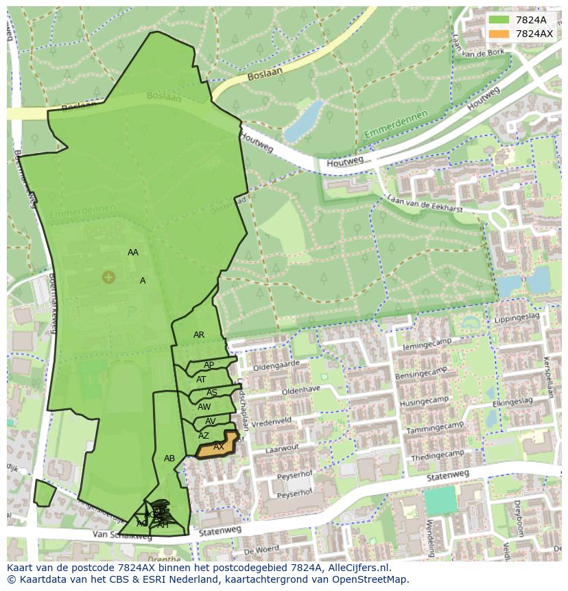 Afbeelding van het postcodegebied 7824 AX op de kaart.