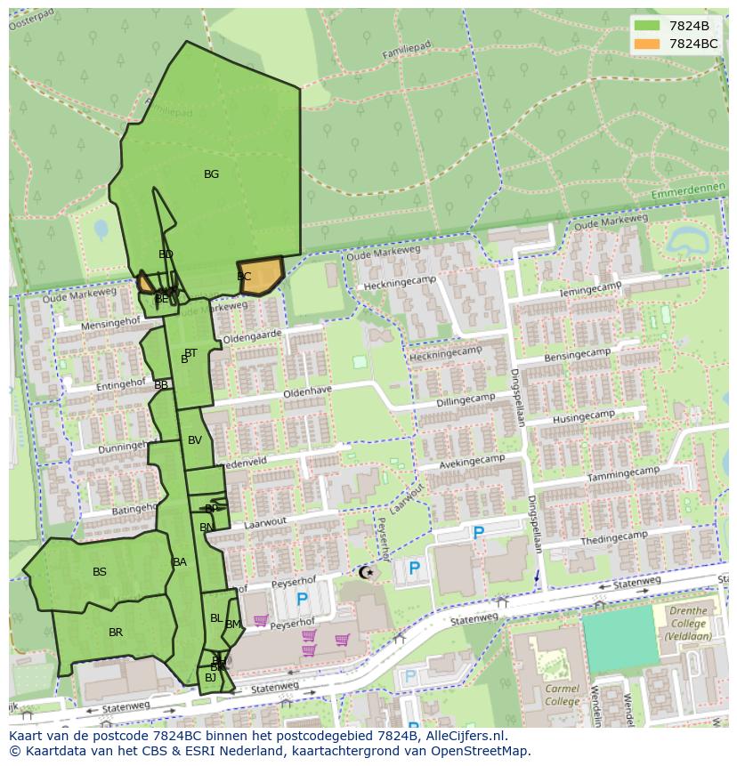 Afbeelding van het postcodegebied 7824 BC op de kaart.