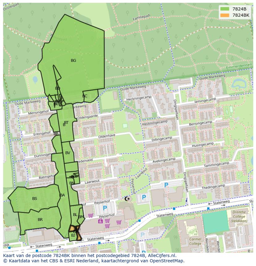 Afbeelding van het postcodegebied 7824 BK op de kaart.