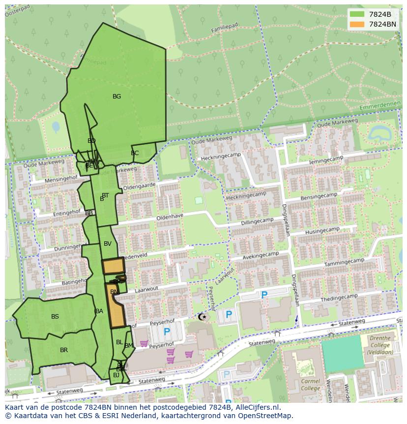 Afbeelding van het postcodegebied 7824 BN op de kaart.