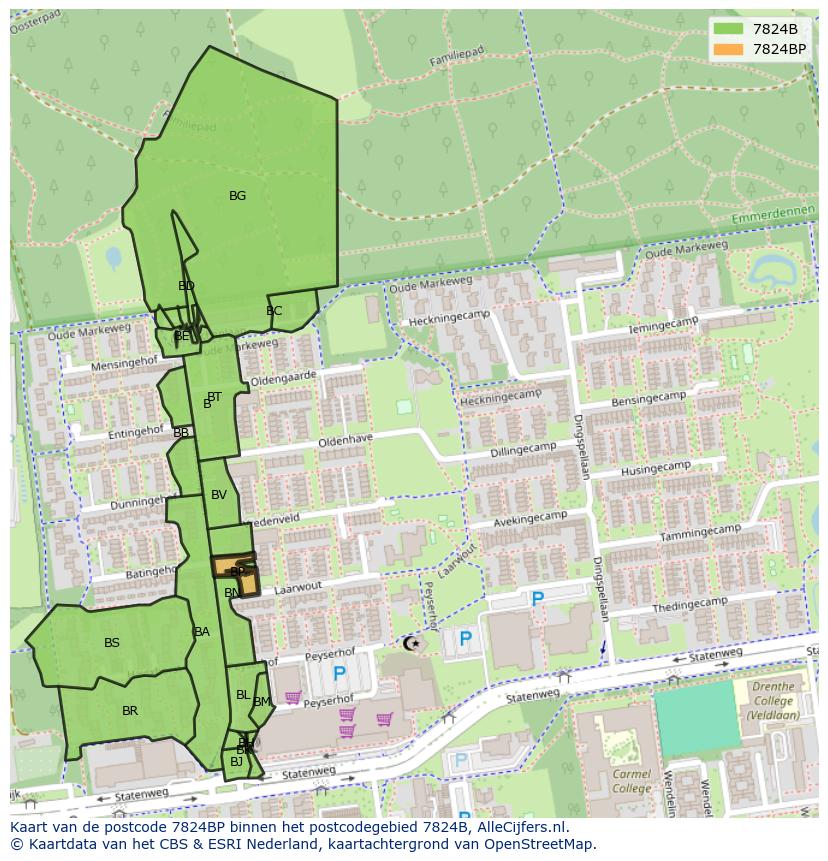 Afbeelding van het postcodegebied 7824 BP op de kaart.