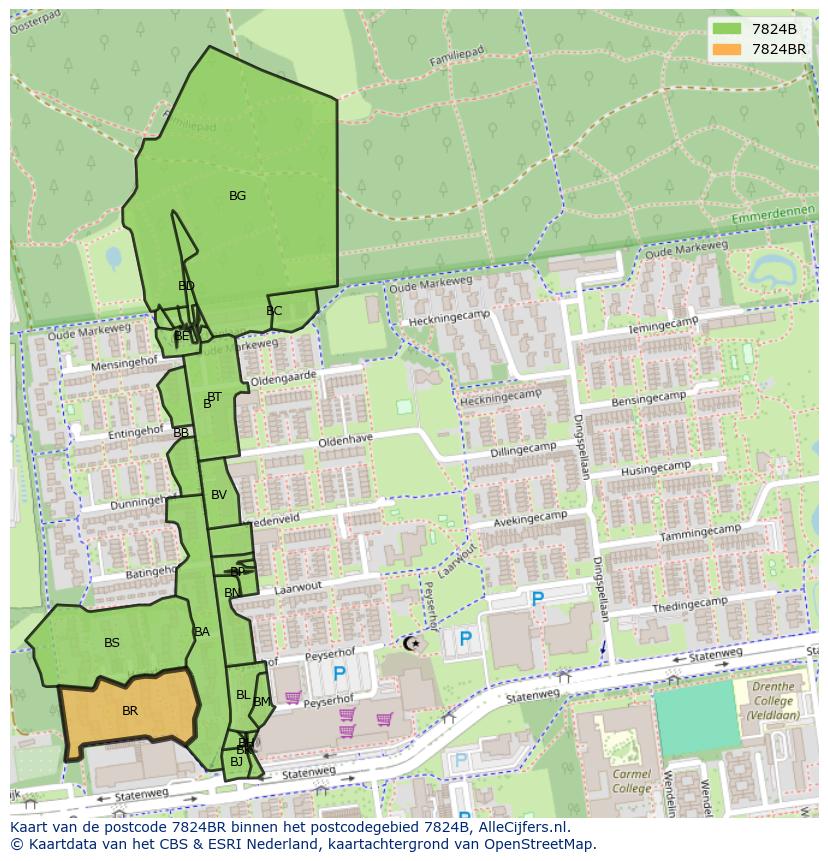 Afbeelding van het postcodegebied 7824 BR op de kaart.