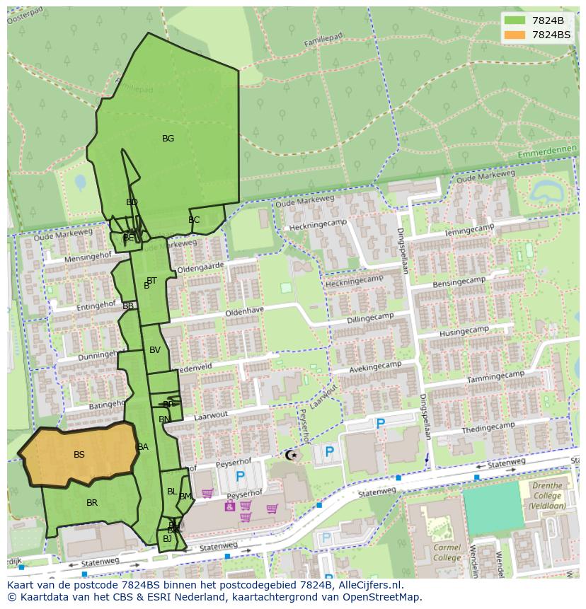 Afbeelding van het postcodegebied 7824 BS op de kaart.