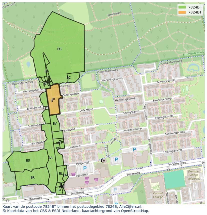 Afbeelding van het postcodegebied 7824 BT op de kaart.
