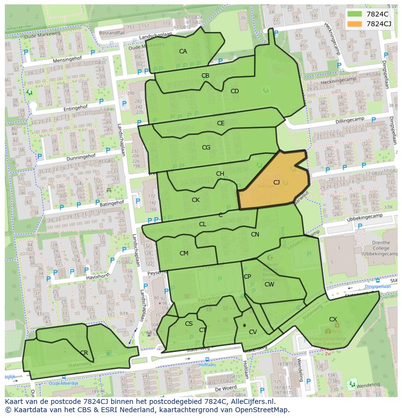 Afbeelding van het postcodegebied 7824 CJ op de kaart.