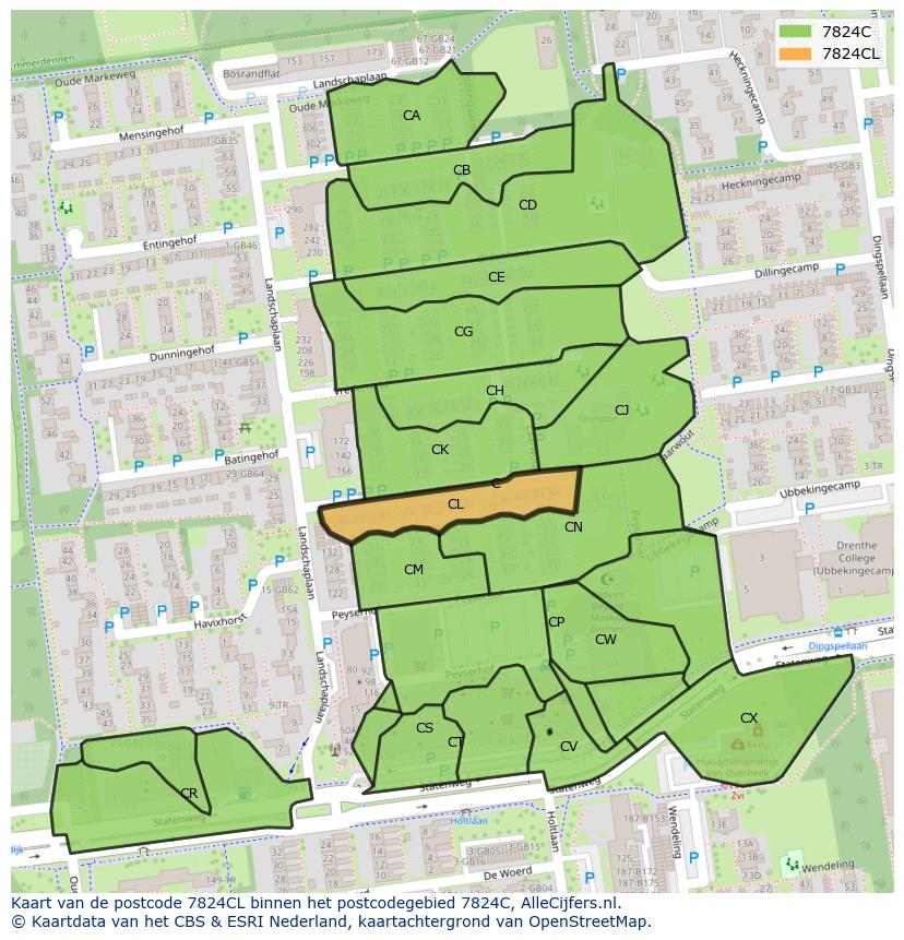 Afbeelding van het postcodegebied 7824 CL op de kaart.