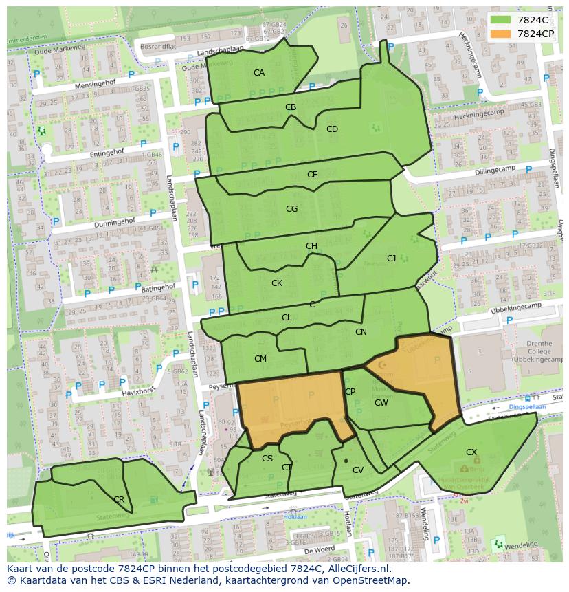Afbeelding van het postcodegebied 7824 CP op de kaart.