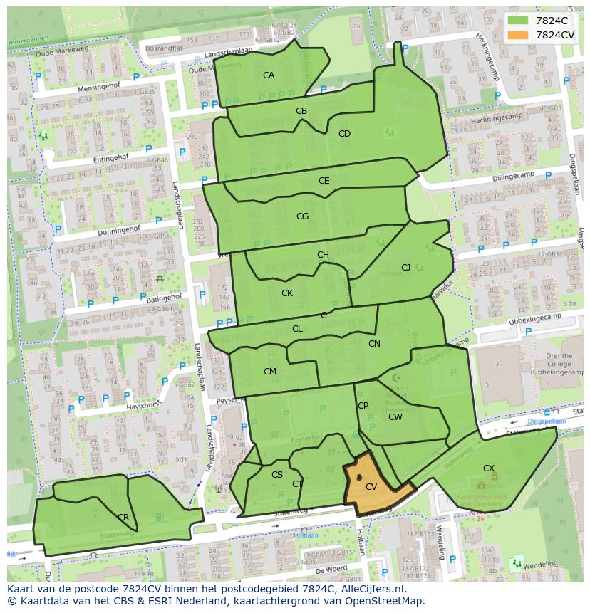 Afbeelding van het postcodegebied 7824 CV op de kaart.