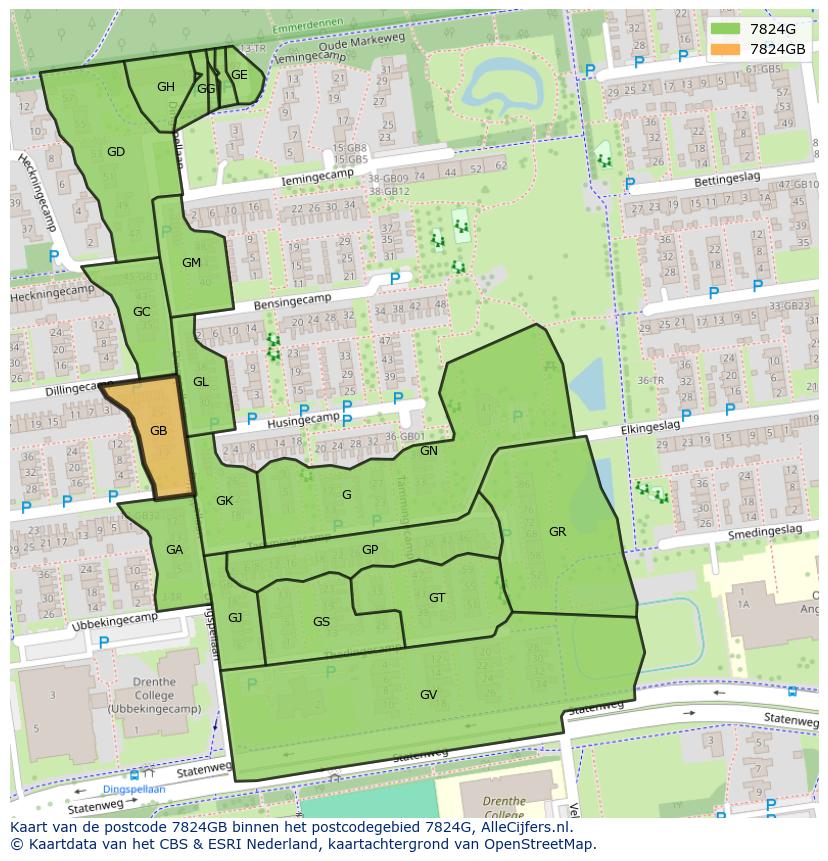Afbeelding van het postcodegebied 7824 GB op de kaart.