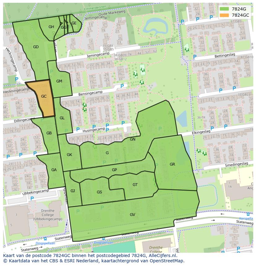 Afbeelding van het postcodegebied 7824 GC op de kaart.