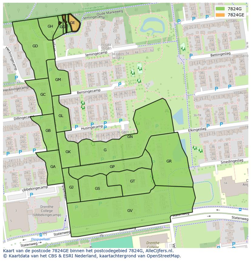 Afbeelding van het postcodegebied 7824 GE op de kaart.