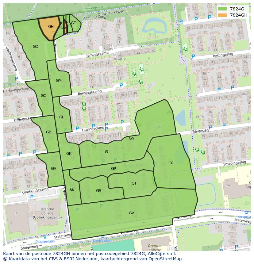 Afbeelding van het postcodegebied 7824 GH op de kaart.