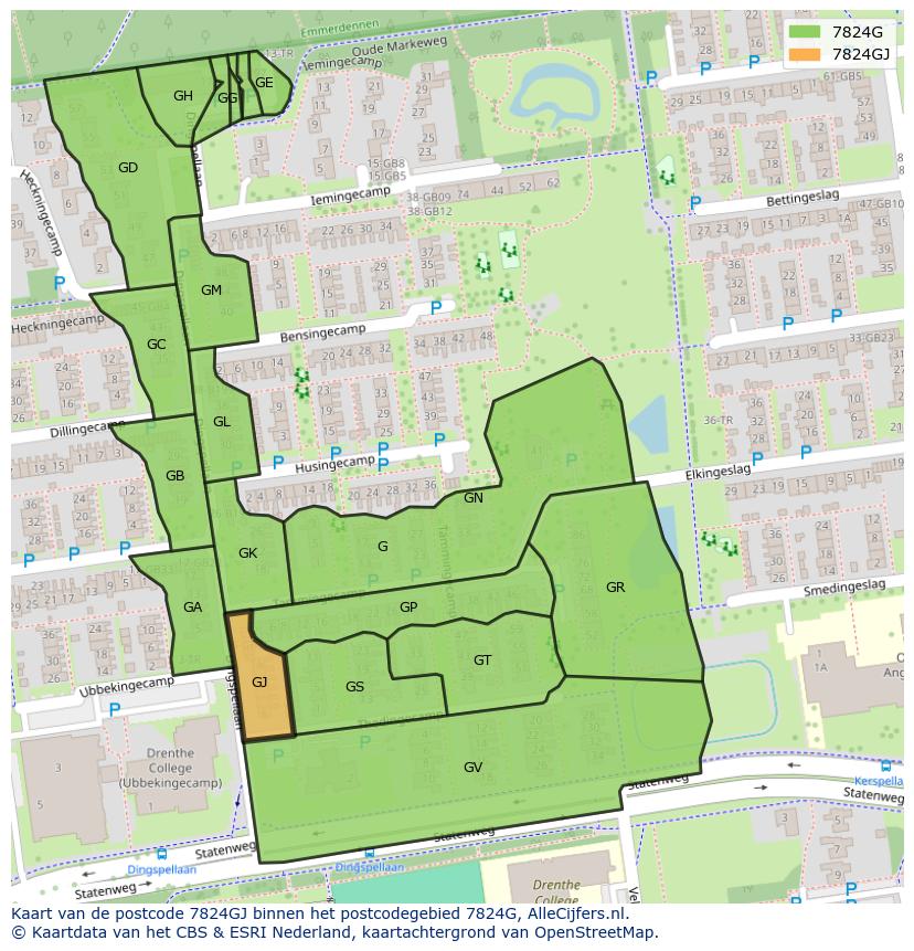 Afbeelding van het postcodegebied 7824 GJ op de kaart.