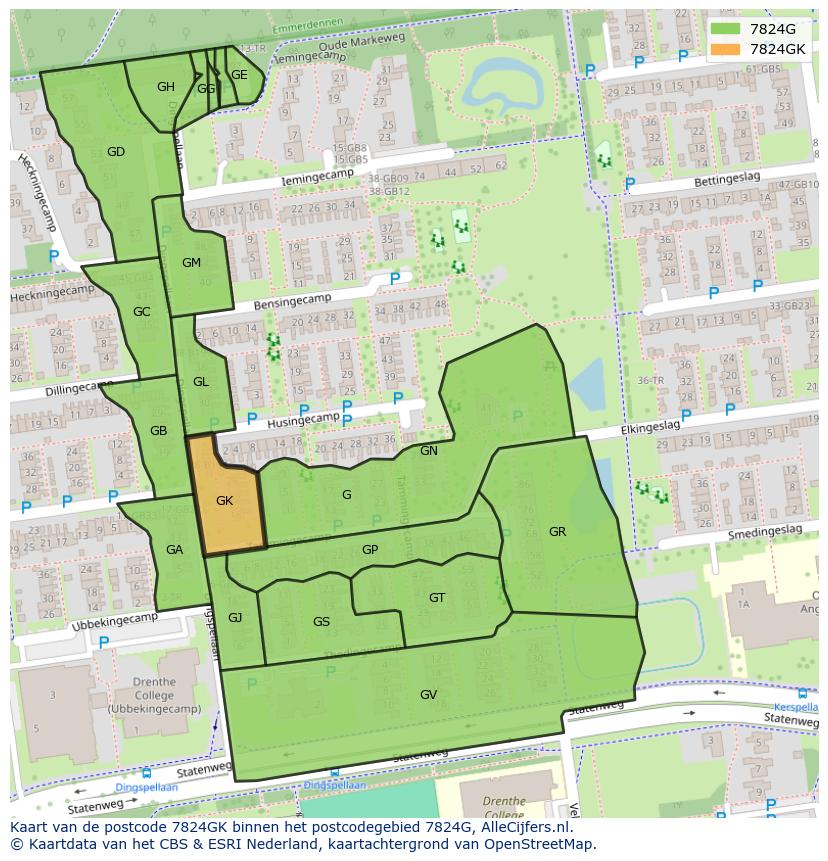 Afbeelding van het postcodegebied 7824 GK op de kaart.