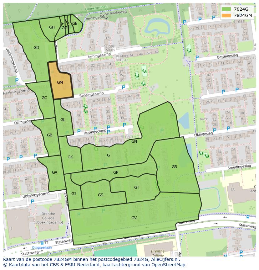 Afbeelding van het postcodegebied 7824 GM op de kaart.