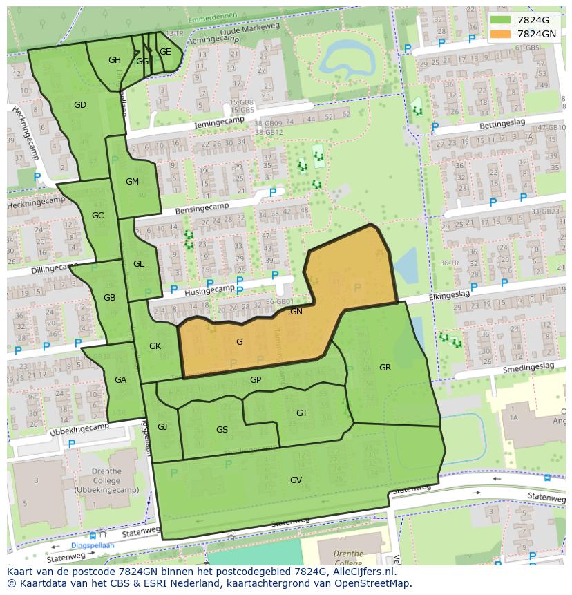 Afbeelding van het postcodegebied 7824 GN op de kaart.