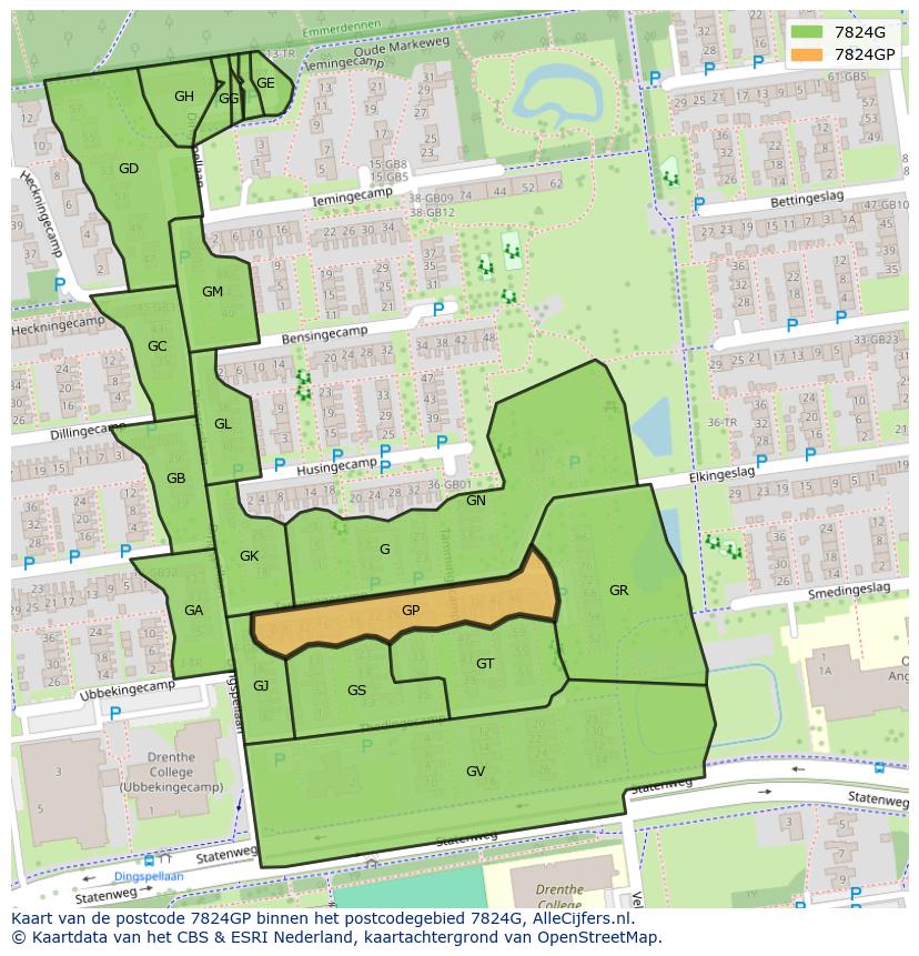 Afbeelding van het postcodegebied 7824 GP op de kaart.
