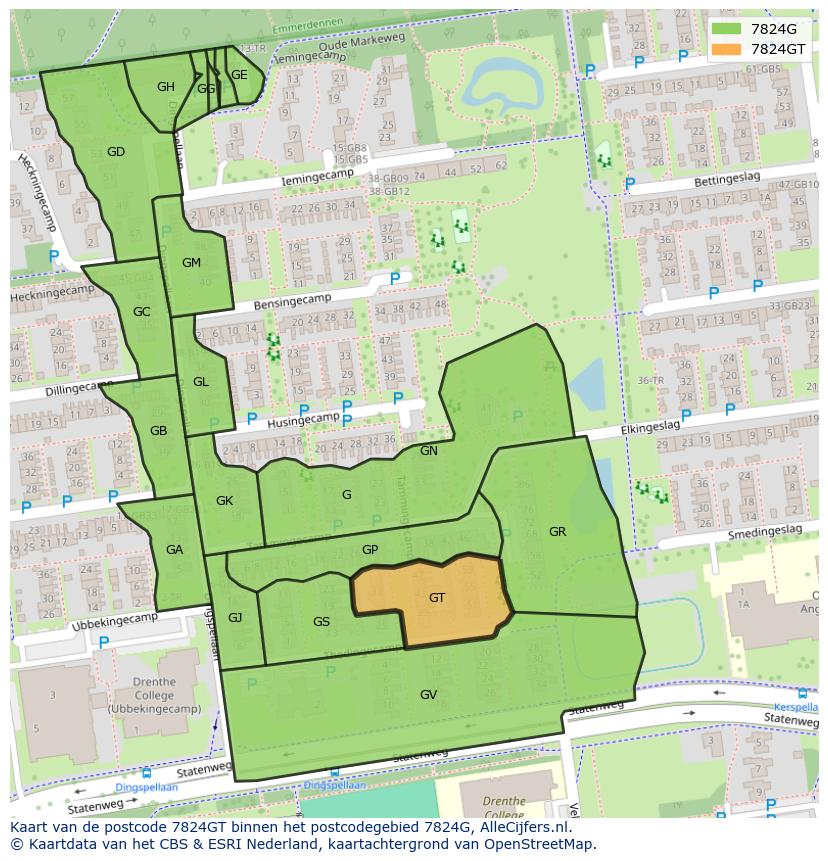 Afbeelding van het postcodegebied 7824 GT op de kaart.