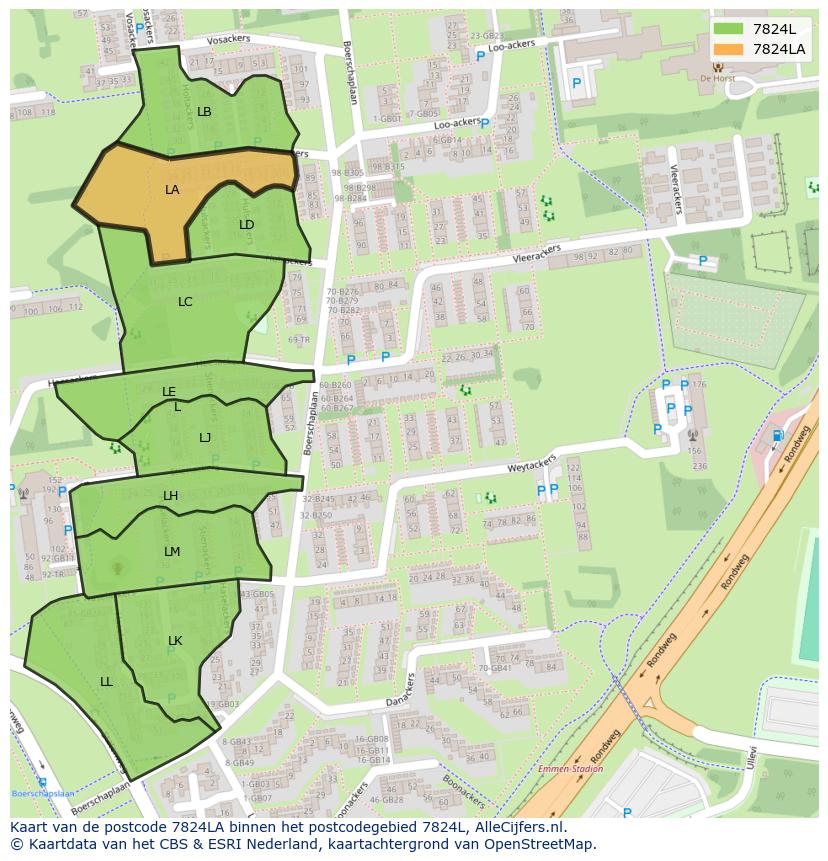 Afbeelding van het postcodegebied 7824 LA op de kaart.