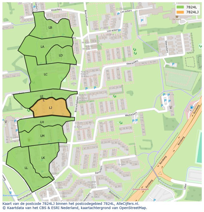 Afbeelding van het postcodegebied 7824 LJ op de kaart.