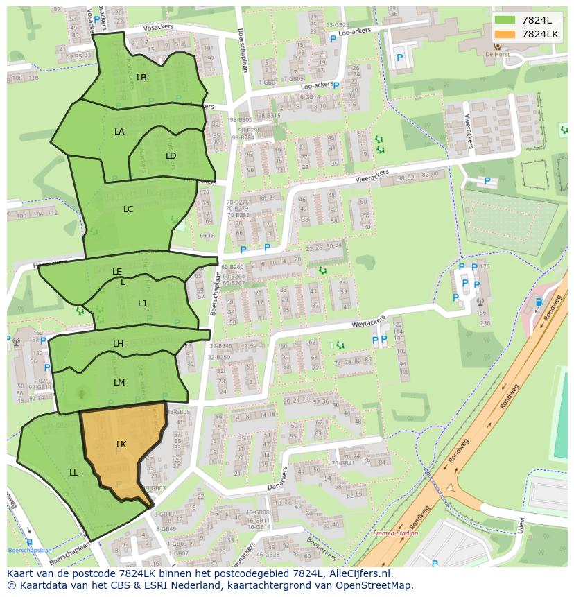 Afbeelding van het postcodegebied 7824 LK op de kaart.