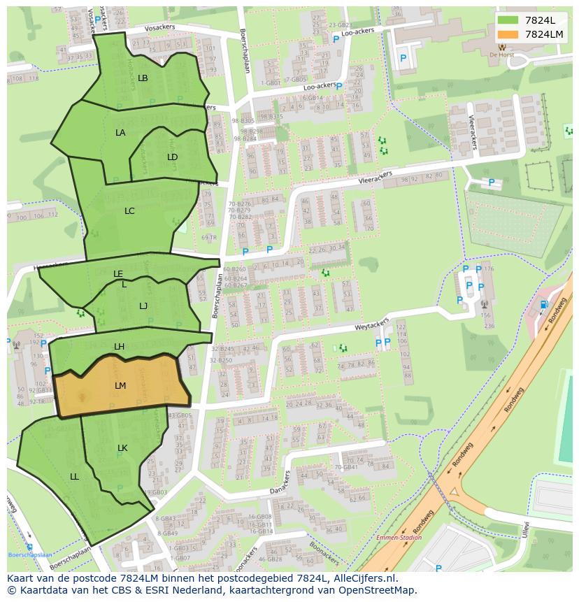 Afbeelding van het postcodegebied 7824 LM op de kaart.