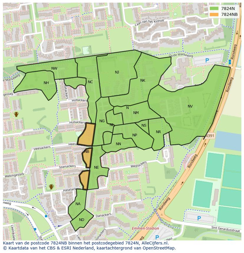 Afbeelding van het postcodegebied 7824 NB op de kaart.