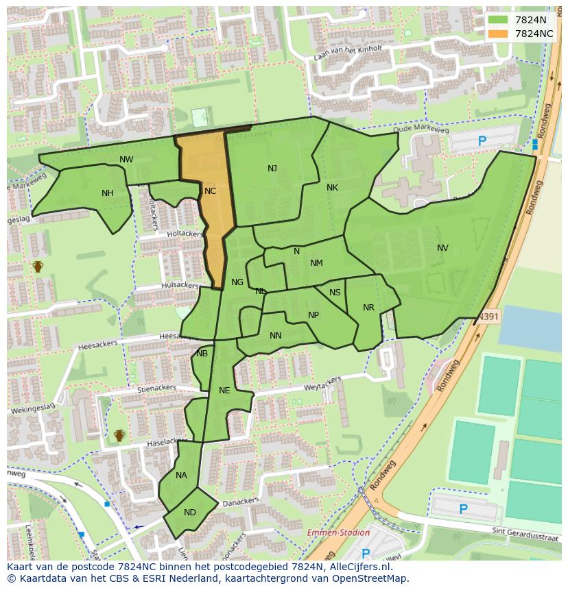 Afbeelding van het postcodegebied 7824 NC op de kaart.