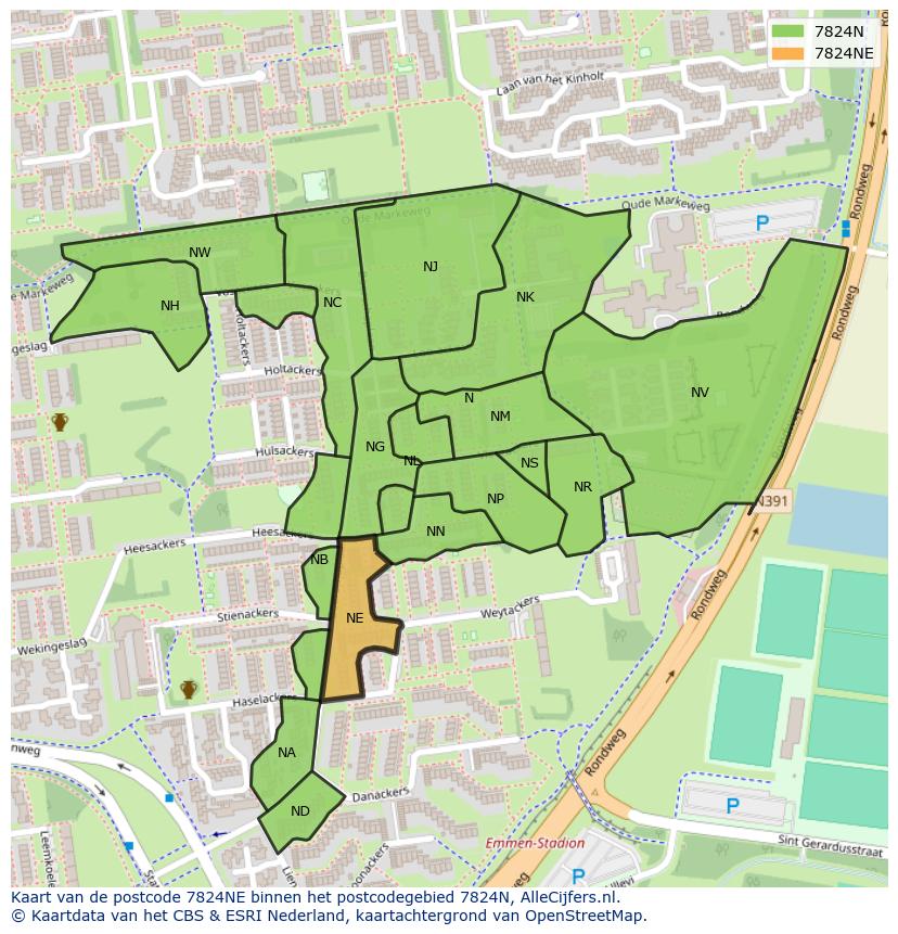 Afbeelding van het postcodegebied 7824 NE op de kaart.