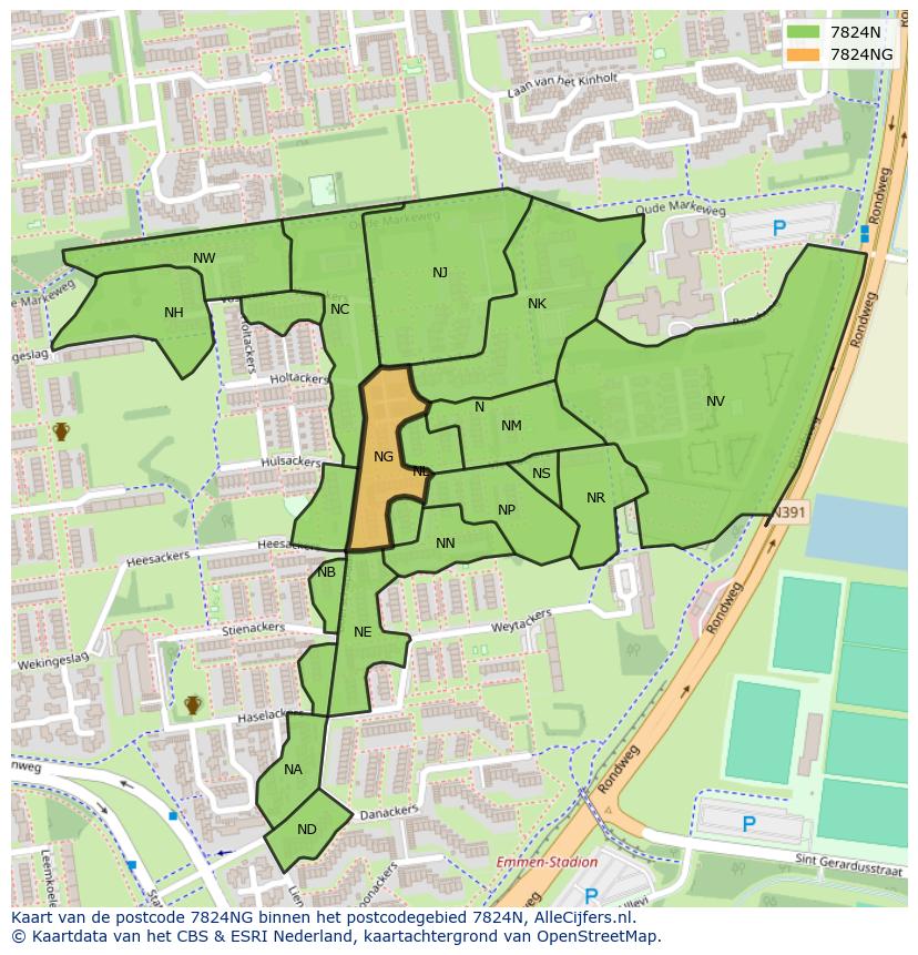 Afbeelding van het postcodegebied 7824 NG op de kaart.