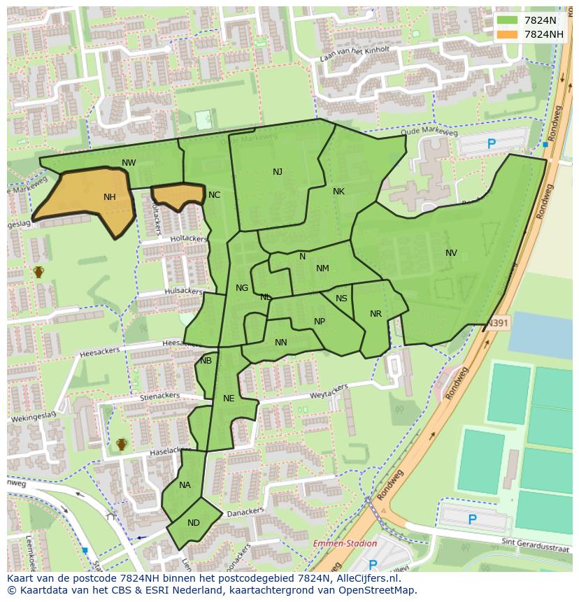 Afbeelding van het postcodegebied 7824 NH op de kaart.
