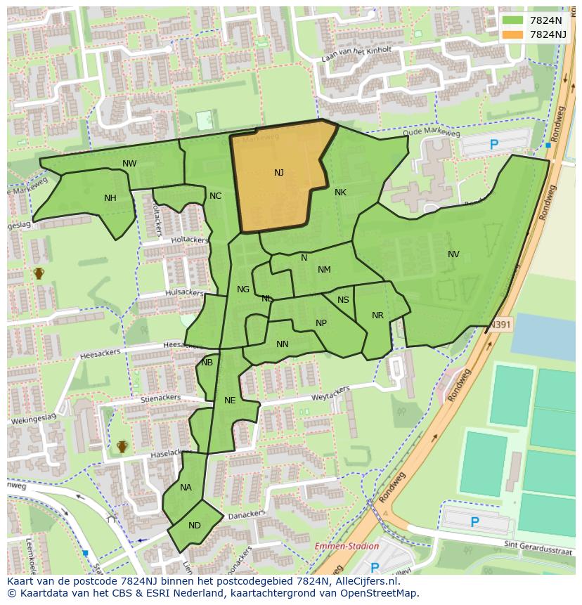 Afbeelding van het postcodegebied 7824 NJ op de kaart.