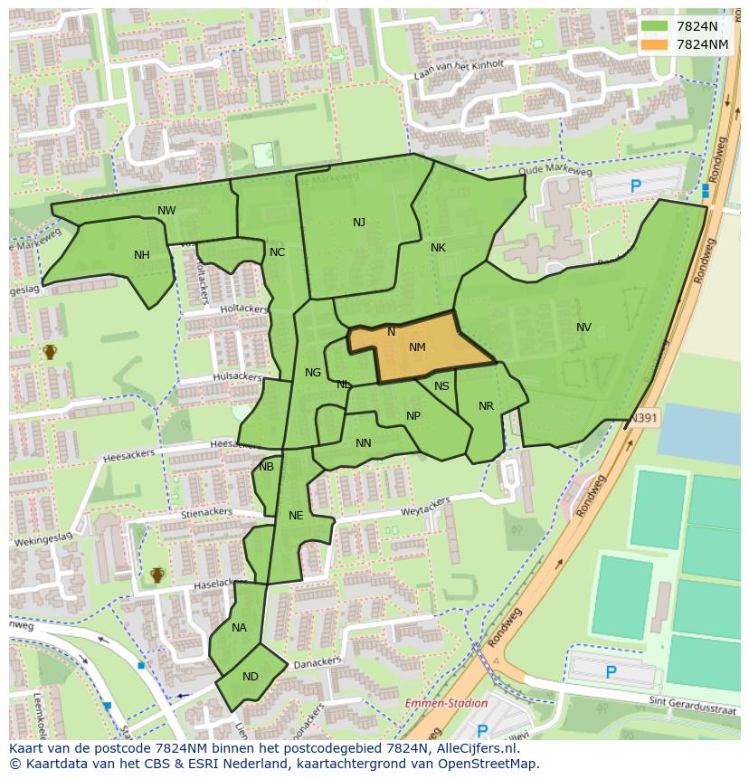Afbeelding van het postcodegebied 7824 NM op de kaart.