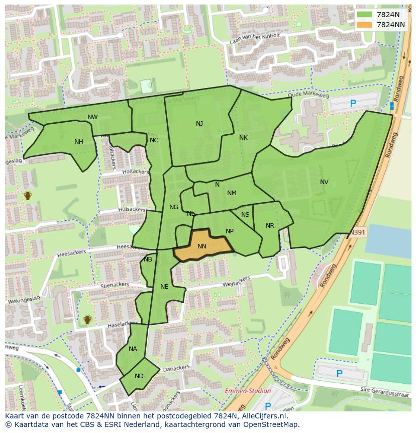 Afbeelding van het postcodegebied 7824 NN op de kaart.