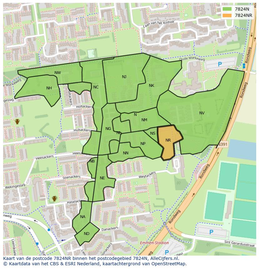 Afbeelding van het postcodegebied 7824 NR op de kaart.