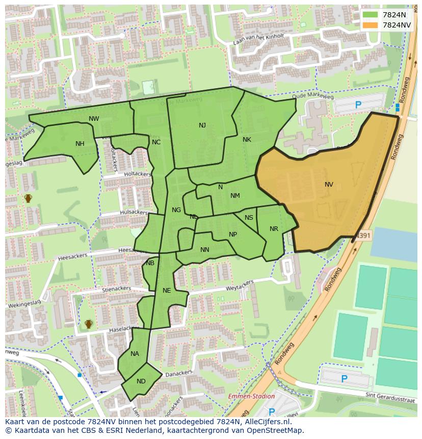 Afbeelding van het postcodegebied 7824 NV op de kaart.